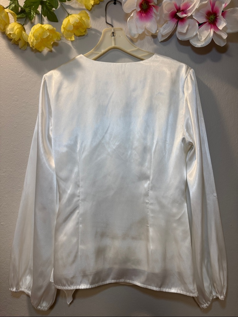 MSK Ivory Satin Wrap Blouse with Jeweled Brooch - Picture 3 of 12